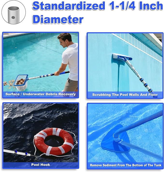 AgiiMan 4-16 FT Telescopic Pool Pole, Swimming Pool Pole with 4 Baffle Locks Durable Aluminium and Vacuum Ports Telescopic Extendable Poles Use with Cleaning Nets, Skimmers, Brushes and More