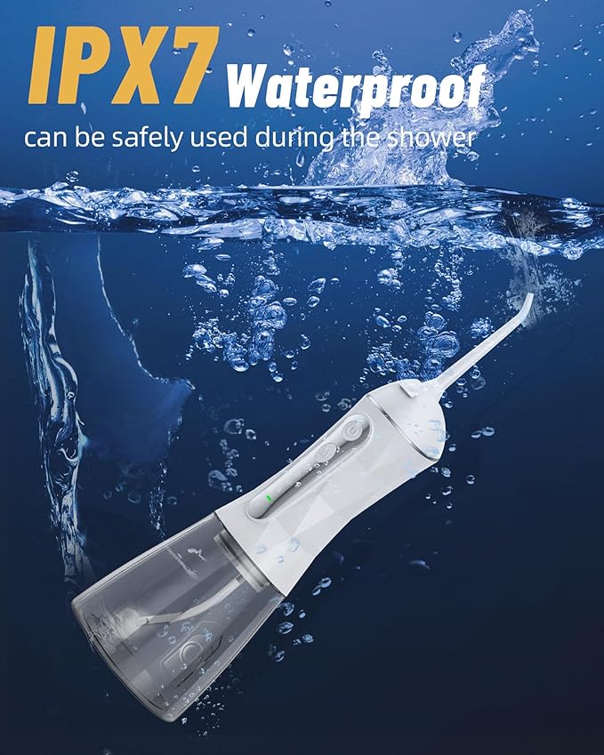 Electric Water Dental Flosser - Cordless Portable Teeth Cleaner, Rechargeable 320ML Larger Water Tank Oral Irrigator, 4 Modes with 5 Jet Tips and Travel Bag, IPX7 Waterproof (White)