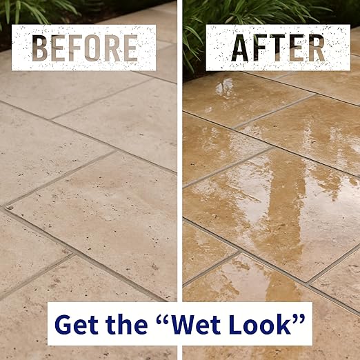 Wet Look Natural Stone Sealer. Durable, Long-Lasting Gloss Protection. Interior and Exterior Pavers, Slate, Sandstone, Travertine, Flagstone, Driveways, Garage Floors, etc. Black Diamond Stoneworks.