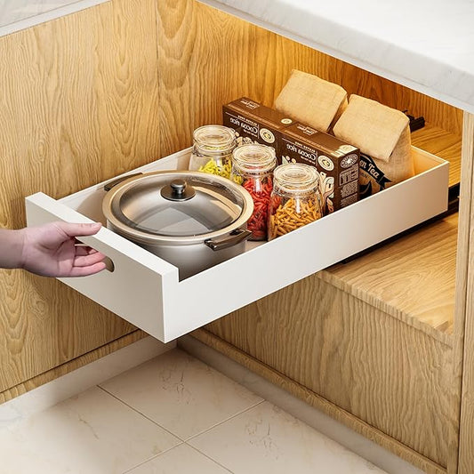 HBL' 1 Pack | 21" Deep Pull Out Cabinet Organizer Adhesive, 10-Inch Wide Sturdy Carbon Steel Roll-Out Drawers, Designed for Frameless Cabinets, Slide-Out Shelves for Pantry.