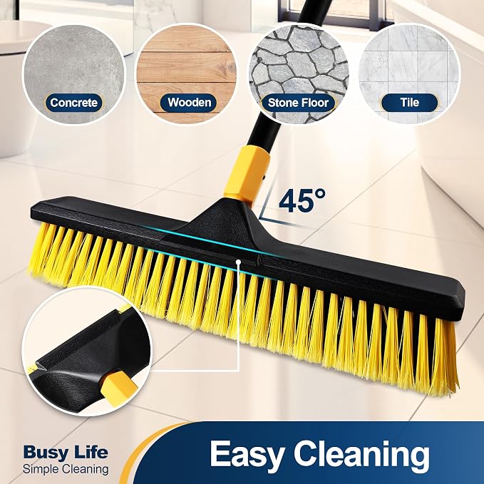 Yocada Push Broom Brush 18"+24" Set 5.3" Long Handle Stiff Bristles Heavy-Duty Outdoor Commercial for Cleaning Bathroom Kitchen Patio Garage Deck Concrete Wood Stone Tile Floor