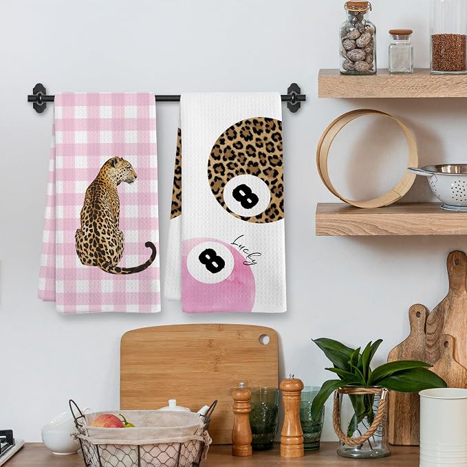 Trendy Leopard Cheetah Print Poker Lucky 8 Ball Bathroom Decor, Preppy Pink Plaid Decor Dish Hand Towels for Bathroom Kitchen Sets of 2, Cheetah Gingham Kitchen Towels and Dishcloths,16x24in