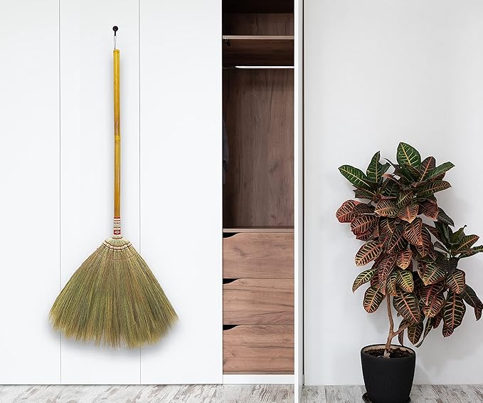 Indoor Grass Broom 40 Inch with Bamboo Handled Brooms for Floor Cleaning, Smooth & Hard Floor - Sweeping Tool Unique Handmade Craft Broom Design for Home, Kitchen, Office, Courtyard, Tiled Floor