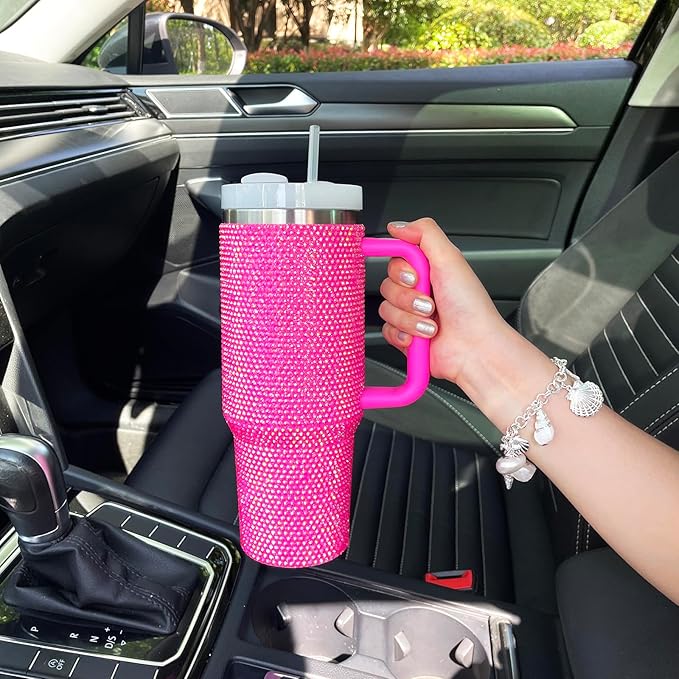 40oz Bling Tumbler with Handle and Straw Lid Rhinestone Studded Tumbler Cups Vacuum Insulated Stainless Steel Double Wall Water Bottle Travel Mug Gifts for Women Her (Hot Pink)