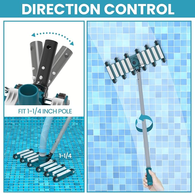 POOLWHALE 19" Professional Weighted Pool Vacuum Head with Wheels, Extra-Wide, Swivel Hose 1-1/2 or 2’’, Flexible Swivel Direction-Control Handle for Swimming Pools - Deep Cleaning on All Surfaces