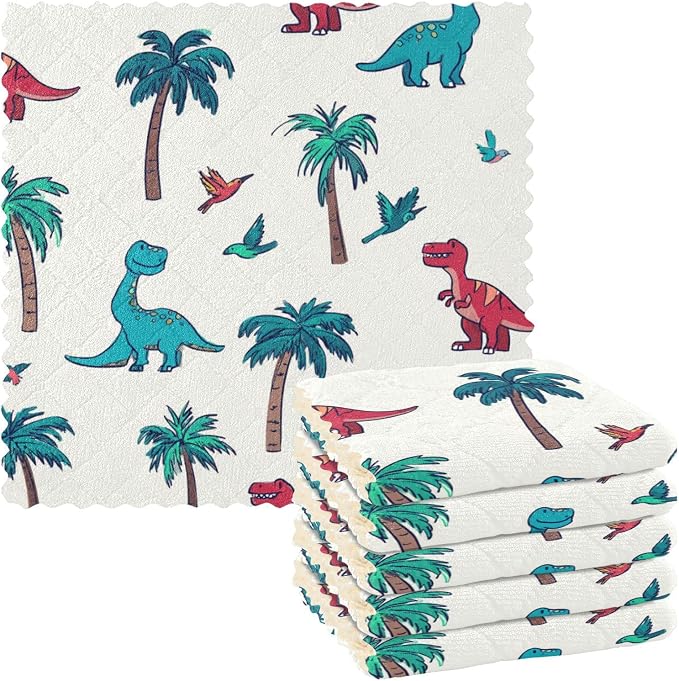 White Dinosaur Hummingbirds Palm Trees Kitchen Towels Dish Cloths Set of 6 Microfiber Cleaning Cloths for Cars Super Absorbent Machine