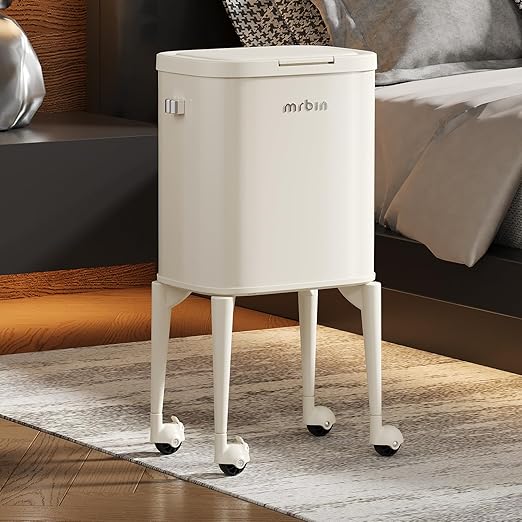 MRBIN Metal Kitchen Trash Can with Wheel Legs, 23L/6.1gal Medium Press on Lid Slim Removable Waste Basket, Pet Proof Garbage Pail for Bedroom, Living Room, Cream White