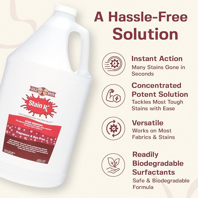 Stain Remover, Effectively Eliminates Stains from Wine, Berries & Blood on Colorfast Fabrics, Carpets, Upholstery & Jewelry, Fragrance Bleach & Dye-Free, Peroxides & Phosphates, 1 Gallon