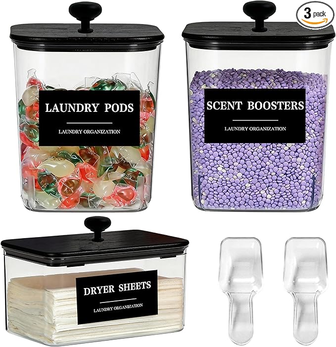3 Pack Laundry Pods Container Plastic Dryer Sheet Container for Powder Laundry Detergent, Dryer Sheet Holder with Black Lid, Clear Laundry Containers for Laundry Beads Scent Booster