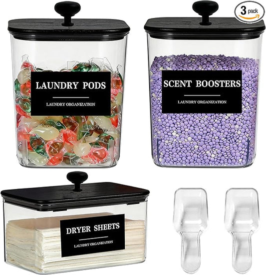 3 Pack Laundry Pods Container Plastic Dryer Sheet Container for Powder Laundry Detergent, Dryer Sheet Holder with Black Lid, Clear Laundry Containers for Laundry Beads Scent Booster