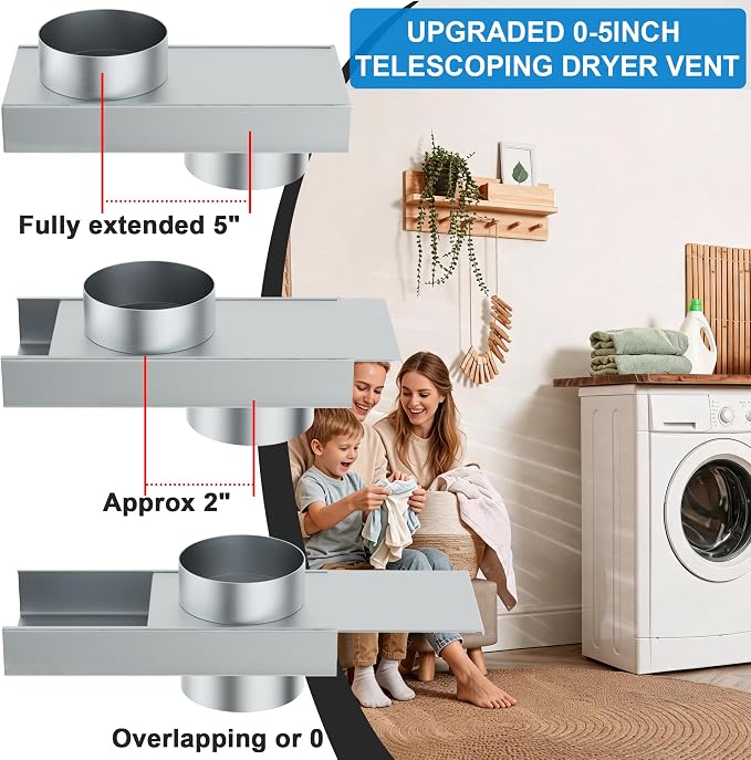 Upgraded 84049 Stainless Steel Periscope Dryer Vent, 0-5" Telescoping Adjustable Dryer Vent Connector Kit, Space-Saving Close-to-Wall Short Small Dryer Replacement Vents,Anti-Leakage Seal Ring & Clamp
