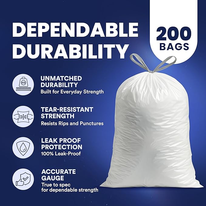 Plasticplace 13 Gallon Trash Bags │ 0.9 Mil │ White Tall Garbage Can Liners │ 24" x 27" (200 Count)