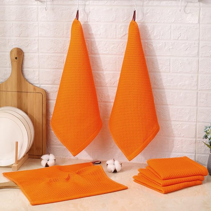 Kitinjoy 100% Cotton Kitchen Dish Cloths (12 X 12 Inches, Orange), 6 Pack Waffle Weave Ultra Soft Absorbent Dish Towels for Drying Dishes Quick Drying Kitchen Towels Dish Rags