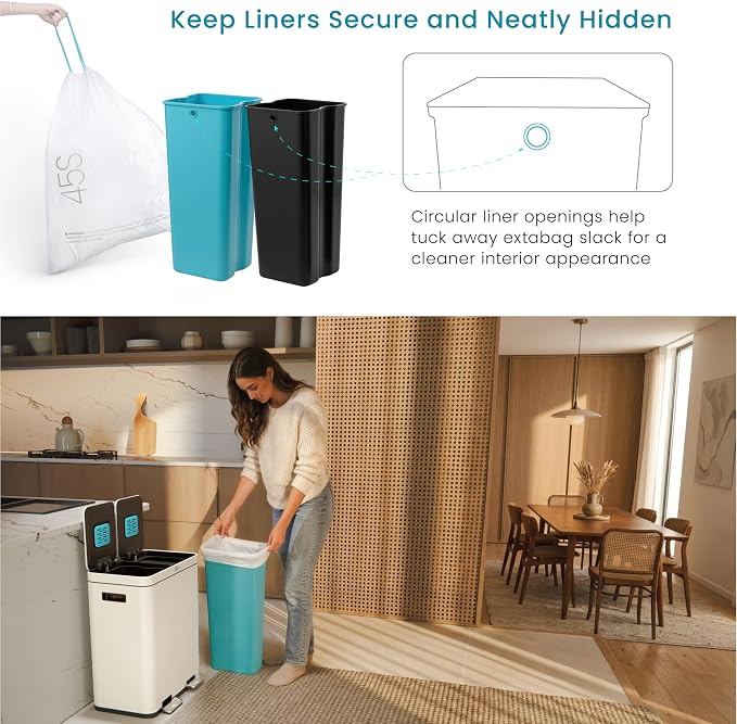 Home Zone Living 16 Gallon Kitchen Trash Can with Dual Compartments | Stainless Steel with CleanAura Odor Control, Soft-Close Step Pedal Lids for Recycling, White