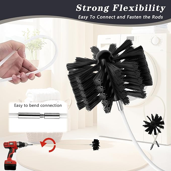 Chimney Sweep Kit Chimney Brush Kit Chimney Cleaning Kit, 16FT Dryer Vent Cleaner Kit Duct Cleaning Tools, Dryer Vent Cleaning Kit Fireplace Chimney Brushes-12pcs Flexible Rods, 2pcs 8in Chimney Brush