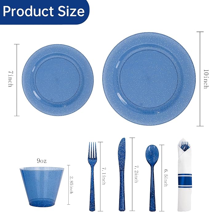DaYammi 210PCS Cobalt Blue Glitter Plastic Dinnerware Set for 30 Guests, Fancy Disposable Plates for Party, Include: 30 Dinner Plates, 30 Dessert Plates, 30 Pre Rolled Napkins with Silverware, 30 Cups