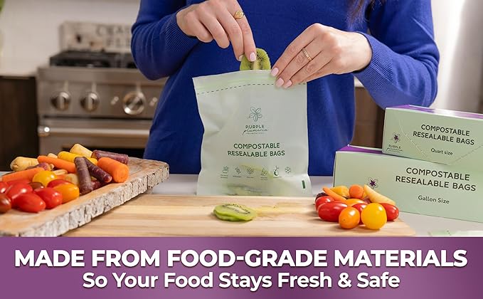 100% Certified Compostable Quart & Gallon Bags (30+50 Counts), Resealable BioBased Bags, Leak Proof And Freezer Safe, Extra Strength Storage Bags, Also Available in Snack & Sandwich Size | Biobased, Leak-Proof, Durable, Freezer-Safe, Extra Strong