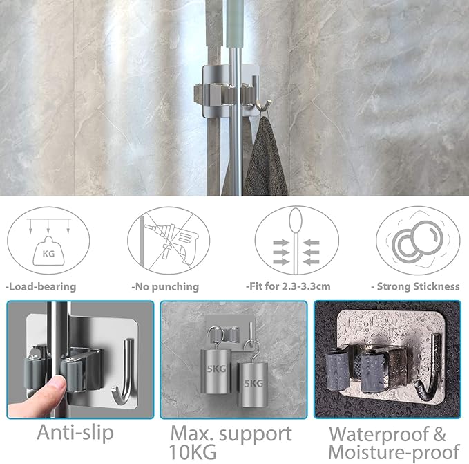 homeasy Mop Broom Holder No Drill, Mop Broom Organizer Wall Mounted Heavy Duty with Hooks Hanger, Self Adhesive Stainless Steel 6Pcs for Bathroom, Kitchen, Office (Silver)