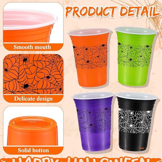 Pickmesh 120 Pcs Halloween Plastic Cups 16 oz Disposable Coffee Cup Spider Web Decoration Hot Cold Drink Wine for Halloween Party Favors Supplies