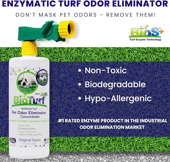 BioTurf BioS+ Turf Cleaner for Pet Urine Outdoor – Artificial Turf Cleaner Deodorizer Concentrate – Fake Grass & Yard Deodorizer for Dog Urine & Feces – Enzyme Kennel Odor Eliminator 32oz 2pk