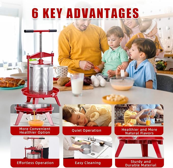 Manual Stainless Steel Fruit & Wine Press, 3.69 Gallon Cider, Juice & Olive Oil Extractor, Food Press for Wine Making Supplies, Cheese, and Vegetable Processing, Easy T-Handle