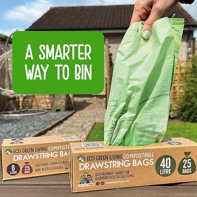 Eco Green Living 40L Compostable Biodegradable Food Waste Bin Bags, Thick, Strong & Leakproof. Caddy Liners 100% Plant-Based, Plastic-Free, Drawstring Bin Liners, Fits 30–40L Bins, 50 Bags