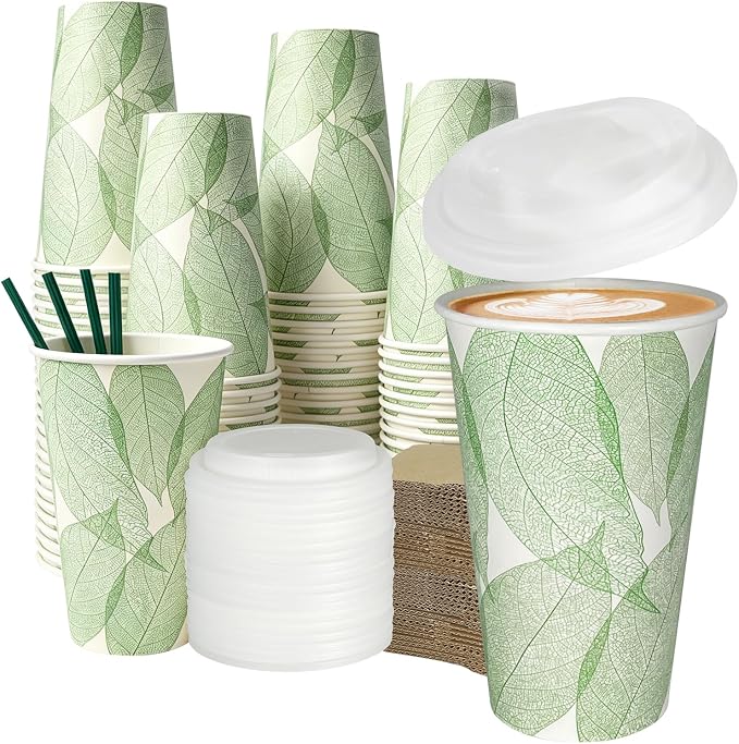 Plant-Based Compostable Cups Set – PLA Lined Disposable Coffee Cups with Lids, Straws & Sleeves, Eco-Friendly for Hot & Cold Drinks, Party, Travel, Office (16 oz 100 Count)