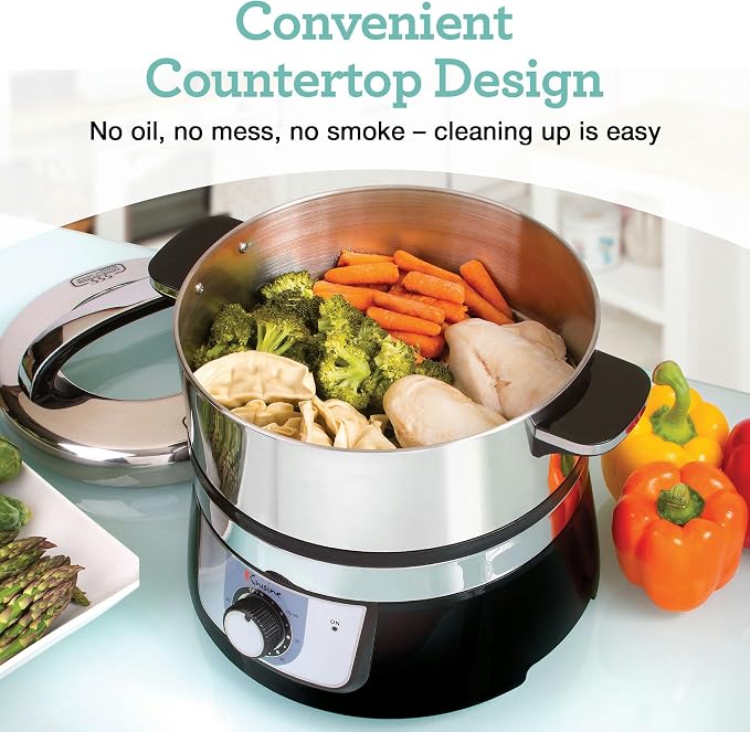Euro Cuisine FS3200 Electric Food Steamer, Versatile Vegetable Steamer & Steam Cooker for Healthy Cooking, Ideal for Fish, Veggie, Meat, Easy Cleaning, Stainless Steel Design 1200 Watts
