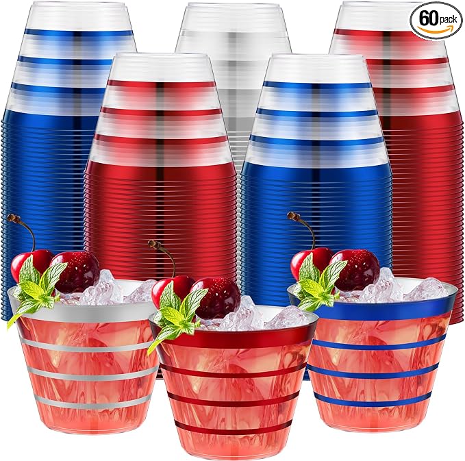 Gejoy 9 oz 60 Pcs 4th of July Rimmed Stripe Plastic Cups Bulk Disposable Wine Hard Plastic Drinking Cocktail Cups Tumblers for Wedding Gathering Party Supplies(Blue, Red, Silver)