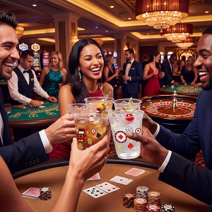 Uiifan 50 Pcs Casino Party Decorations Las Vegas Cups Casino Game Night Party Supplies 12 oz Poker Slot Machine Chips Disposable Plastic Shot Cups for Drinking Office Home Dice Vegas Birthday Favors