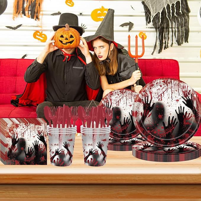 168 Pcs Bloody Halloween Supplies Serve 24 Zombie Horror Halloween Birthday Party Decorations Scream Bloody Good Time Party Plates and Napkins Dinnerware Set Horror Movie Decorations