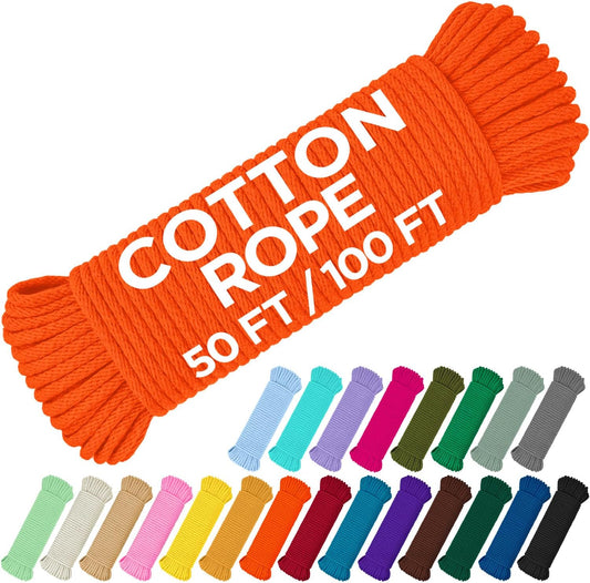 TECEUM Cotton Rope 3/16” (5 mm) – 100 FT – Strong All-Purpose Braided Rope – Natural Cotton – for Crafting, Сamping, Clothes Line, DIY, Indoor & Outdoor Use – Orange