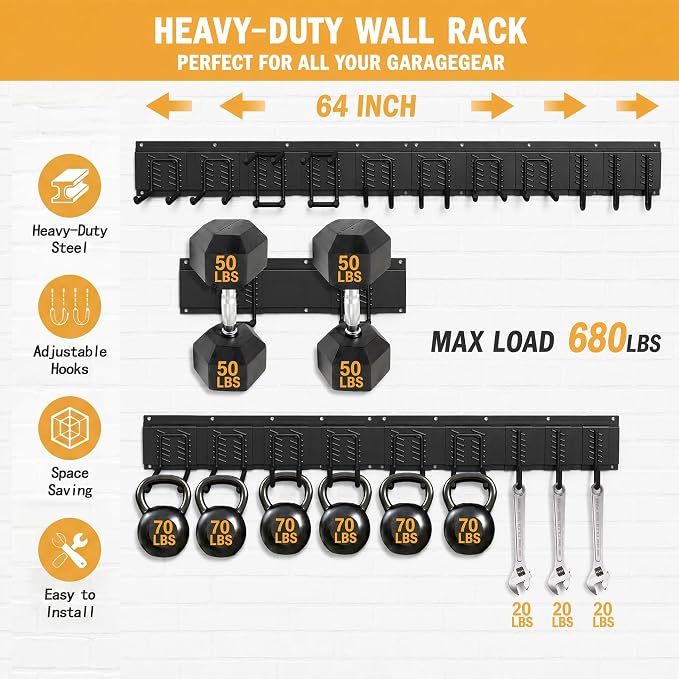 CBWLWJ Garage Tool Organizer Wall Mount, 64 inch Garage Wall Organizer, 680lbs Sturdy Garden Tool Organizer with 11 Adjustable Hooks, for Yard, Shed, Basement, Workshop(Black)