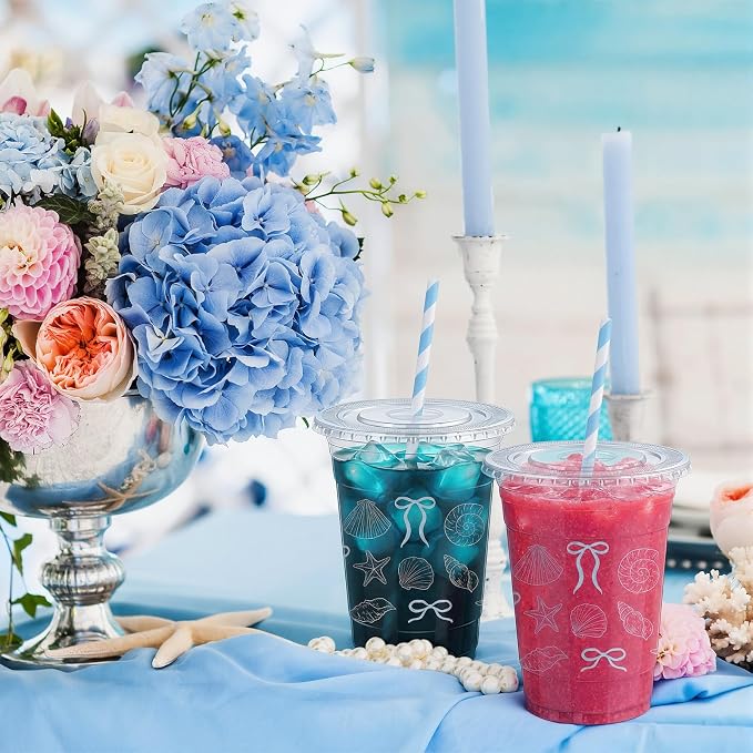 Sliner 25 Pcs 16 oz Coquette Disposable Plastic Cups with Straw for Blue Bow Starfish and Seashell Coast Party Supplies Bow Cups Birthday Wedding Bridal Party Drinkware Baby Shower Decorations