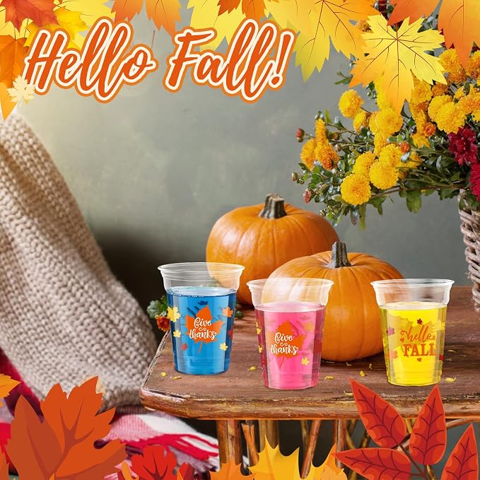 Meanplan 100 Pcs Thanksgiving Plastic Cups Bulk 12oz Fall Disposable Cups Autumn Pumpkin Leaf Turkey Clear Drinkware Tumblers Coffee Juice Wine Glasses Harvest Wedding Party Supplies(Maple)