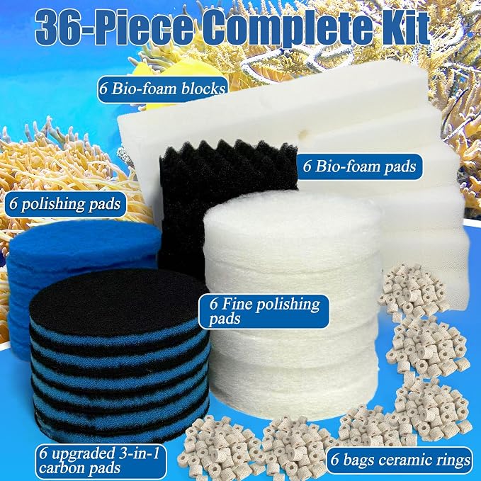 36 PCS Replacement Filter Media Kit for Fluval FX4/FX5/FX6 Aquarium Filters, Including 6 Upgraded 3in1 Carbon Pad, 6 Polishing Pads, 6 Fine Polishing Pads, 6 Bio-Foam Block, 6 Bio-Foam Pads, Media
