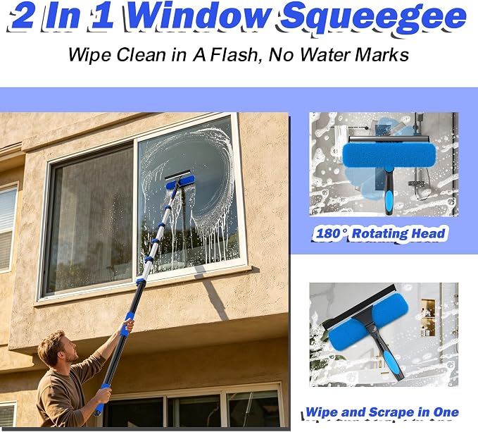 26FT Reach Duster Kits, Window Cleaning kit with 5-20FT Telescoping Extension Pole, Cobweb Duster, Washable Fan Duster for Ceiling, Window Squeegee for Glass and Microfiber Feather Duster