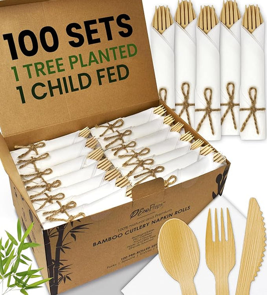 EcoPreps Premium Pre-Rolled Napkin and Bamboo Cutlery Set (100 Pack, 400 PCS) 100% Biodegradable, Eco-Friendly, Disposable Wrapped Cutlery - Includes Pre-Wrapped Bamboo Forks, Knives, Spoons, Napkins