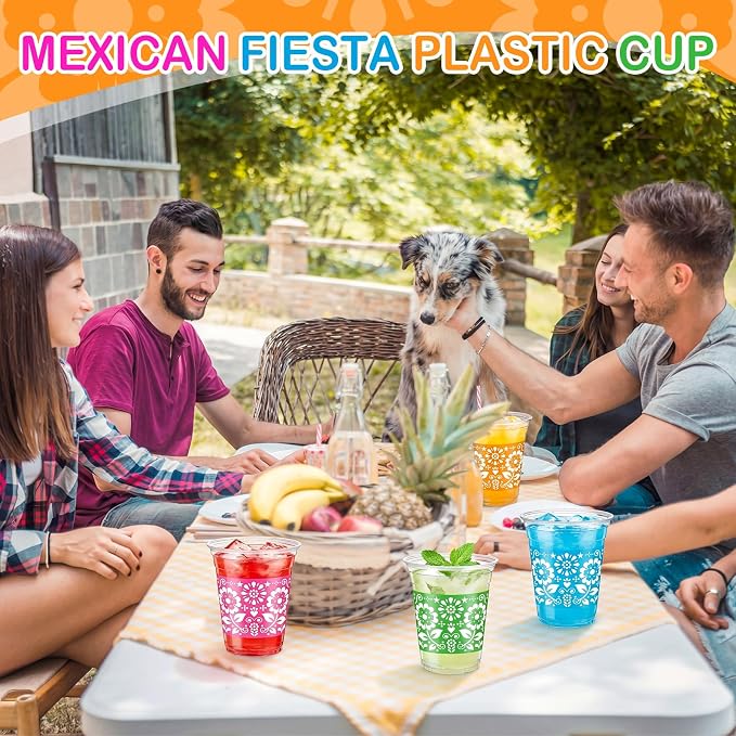 Tanlade 60 Pcs Fiesta Plastic Cups 12 oz Mexican Disposable Party Cups Cinco De Mayo Margarita Drinkware for Mexican Theme Birthday Taco Bar Birthday Wedding Party Supplies Decorations