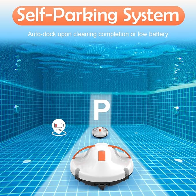 GMAPLAE Cordless Pool Vacuum for Above Ground Pool, Robotic Pool Cleaner with Dual Motors Strong Suction, 130 Mins Runtime, Auto-Parking, Pool Cleaner Robot for Inground Flat Pools Up to 1100 Sq.Ft