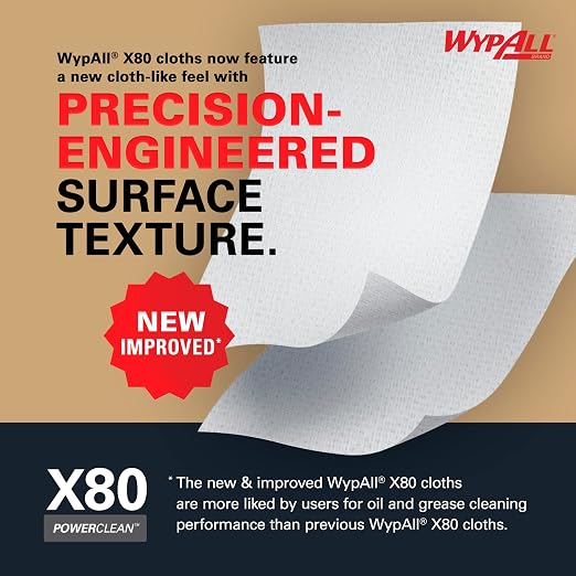 WypAll PowerClean X80 Cloths Heavy Duty Wipes (41026), Quarterfold, Extended Use Towels, White (4 Packs of 50 Sheets, 200 Sheet Total)