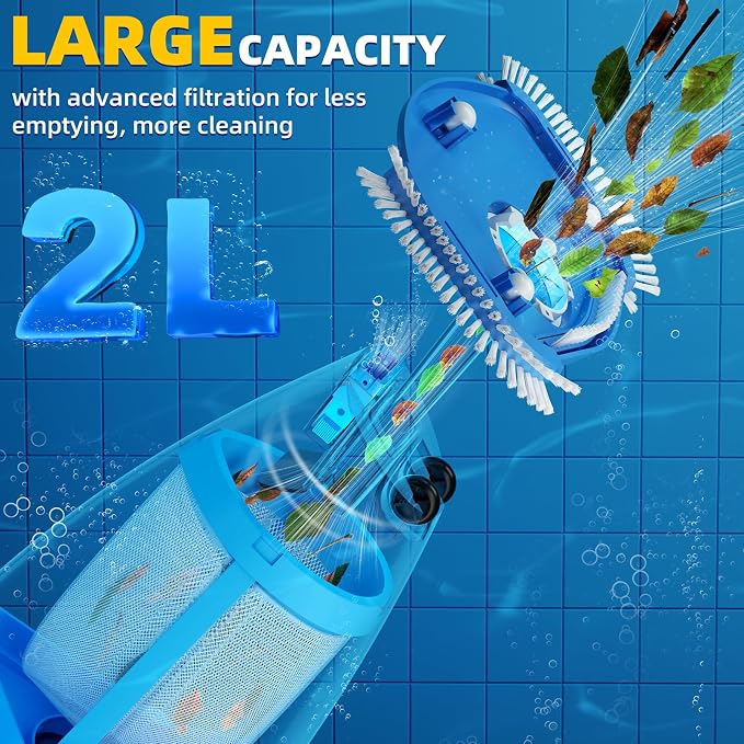 Cordless Pool Vacuum Above & Inground Pools, Powerful 1590 GPH Suction,Handheld Telescopic Pole up to 85.45", 1H Runtime, 2L Debris Bin, Rechargeable Pool Cleaner for Spas & Hot Tubs