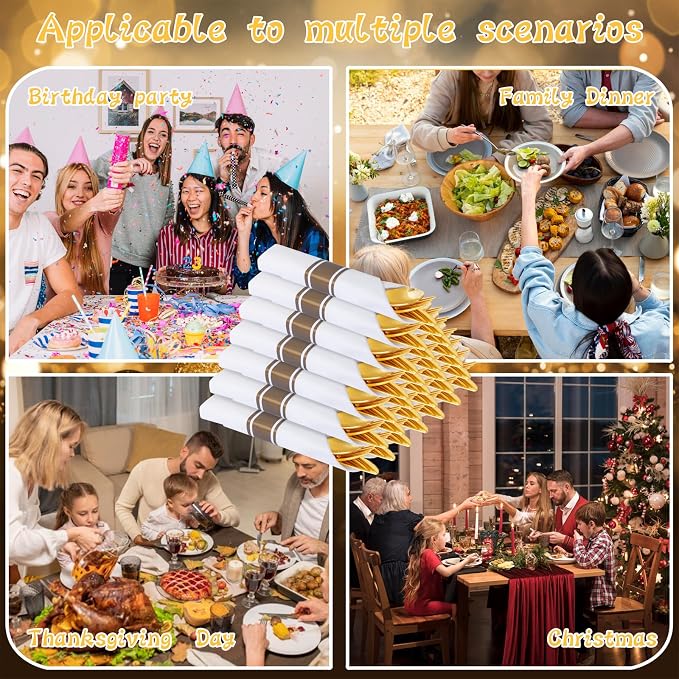 Supernal 100 Pack Gold Plastic Silverware with Napkins, Pre Rolled & Wrapped Gold Disposable Utensils Set (100 Forks, 100 Spoons, 100 Knives), Heavy Duty Plastic Cutlery Rolls for Wedding & Party