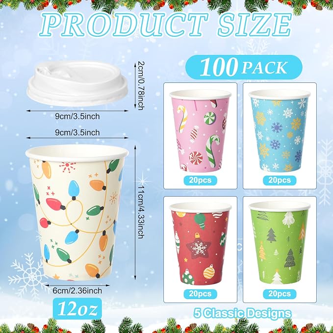 100 Set Christmas Coffee Paper Cups with Lids 12oz, Bulk Disposable Colorful Party Cups, 5 Styles Xmas Holiday Cups for Hot Chocolate Cold Drinks Christmas New Year Winter Party Supplies Decorations