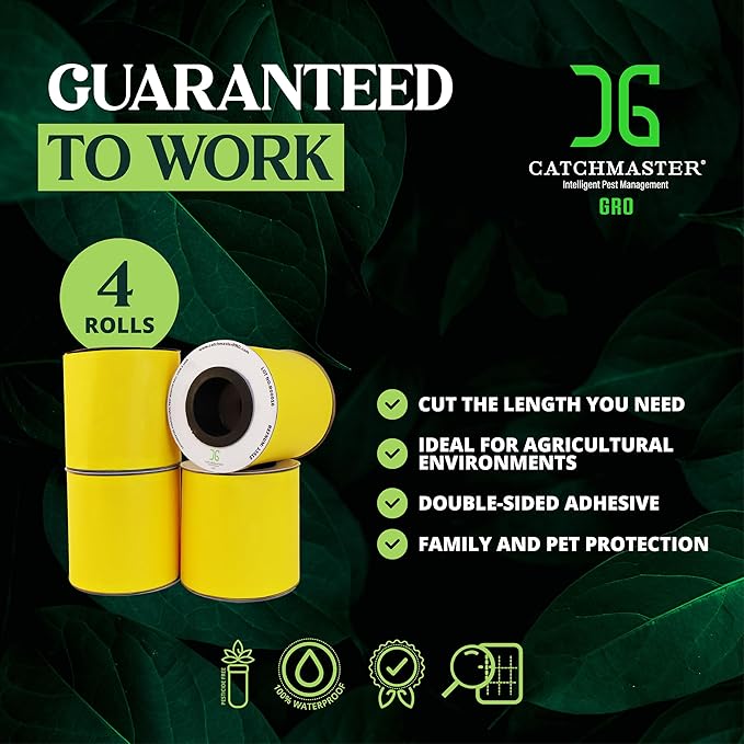 Catchmaster GRO XL AG Roll 4PK, Double Sided Adhesive Fly Tape Strips, Fungus Gnat Sticky Trap for Greenhouse, Garden, Nursery, Pest Control Gardening Supplies, Insect Trap, 328' x 6'' Yellow