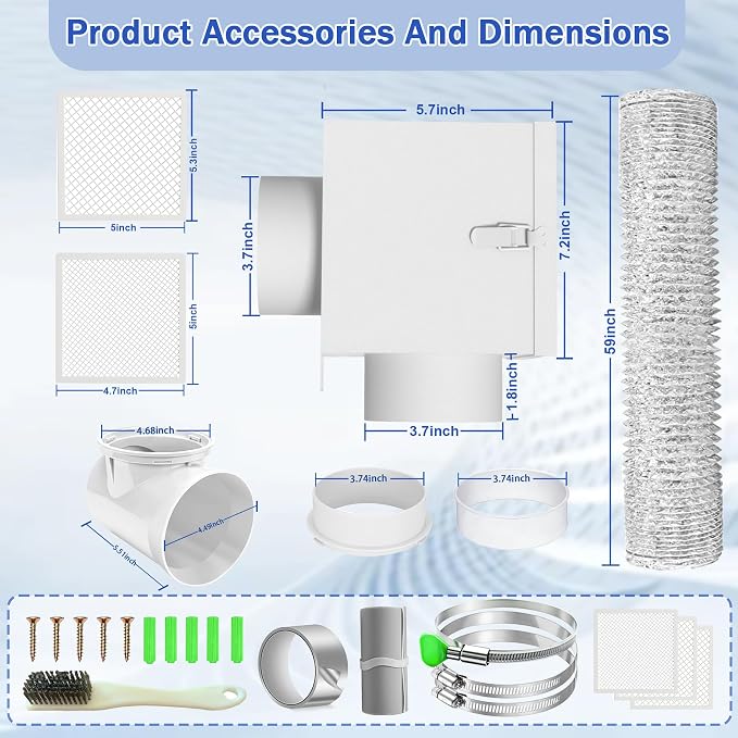 Dryer Lint Trap, Indoor Dryer Vent Kit with Lint Catcher, Metal Dryer Duct Lint Trap with 90° Degree Dryer Vent Elbow, Easy Clean Filter, Transparent Door & Clamps Aluminum Foil Tape Cleaning Brush