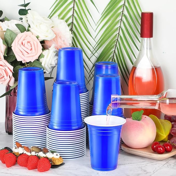 Sabary 100 Pack 12oz Blue Plastic Cups 250th Anniversary Heavy Duty Drinking Disposable Cups with Lines for Beverage USA Patriotic Holiday Camping Barbecues Birthday Party Outdoor Picnic