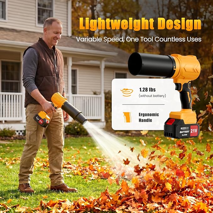 Leaf Blower Cordless, 950000RPM 21V Battery Powered Electric Leaf Blower with 2 x 4.0Ah Battery, Handheld Lightweight Turbo Blower Air Blower for Snow, Lawn Care with 2 Extended Nozzle