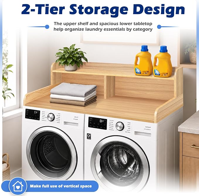 Royxen Laundry Countertop with Storage Universal Fit, Washer and Dryer Countertop with Shelf, Laundry Room Storage, 2-Tier Shelf (Oak)
