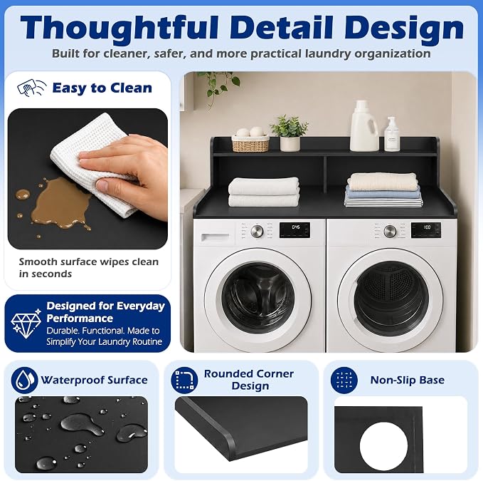 Royxen Laundry Countertop with Storage Universal Fit, Washer and Dryer Countertop with Shelf, Laundry Room Storage, 2-Tier Shelf (Black)